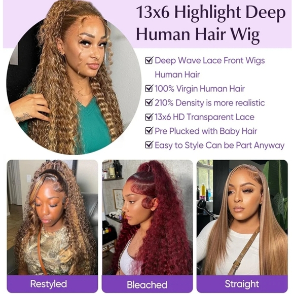 18" Highlight 100% Human Hair HD Lace Wig Deep Wave Curly Honey Blonde & Brown - Picture 2 of 15